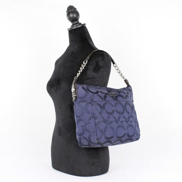 Coach Navy Blue Glitter Signature C Canvas Leather Shoulder Bag - Picture 3 of 10